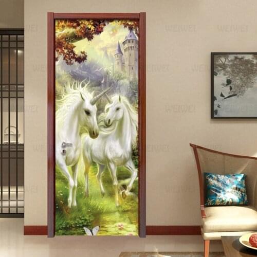 White Horse Forest Wall Sticker Living Room Kids Cartoon Animal Self-Adhesive Waterproof Vinyl Door Stickers Home Design Decor