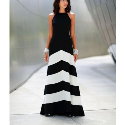 Slim Sexy Long Dresses Europe America Vest Women Dress Wind Black White Stripes Stitching Sleeveless Clothing Vestidos