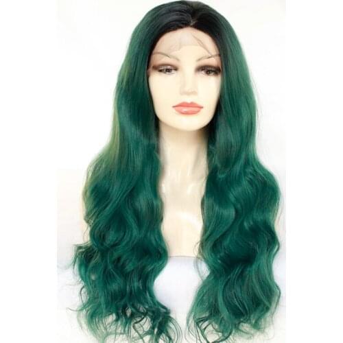 Charming Womens Long Full Wigs Heat Resistant Synthetic Natural Body Wavy Hair Ombre Pine Green Front Lace Cosplay Party Wig