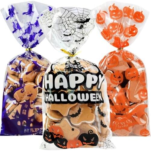 50Pcs Happy Halloween Candy Bags Horror Pumpkin Witch Bat Clear Plastic Cookie Bag For Halloween Party Decor Gifts Packing Pouch