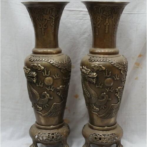 Song voge gem S1746 20" Lucky Chinese Copper Bronze Dragon Phoenix Statue Vase Flower Bottle Pot