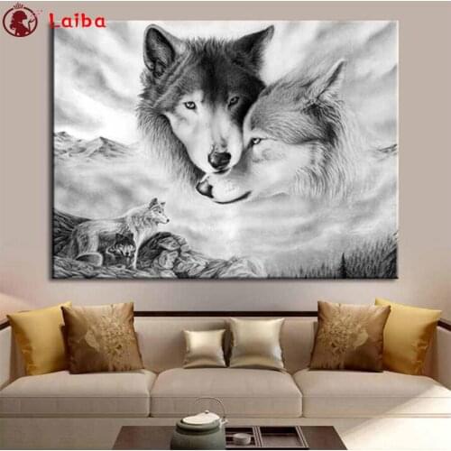 Full diamond painting Black and white animal art, wolf companion diamond embroidery 5D mosaic diamond inlaid pattern