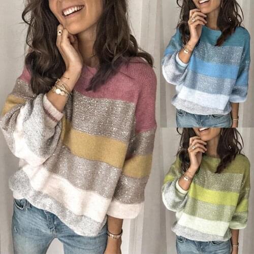 Casual Women Autumn Winter Multi Color Block O Neck Pullover Loose Knitted Sweater Pullover Womens Sweaters