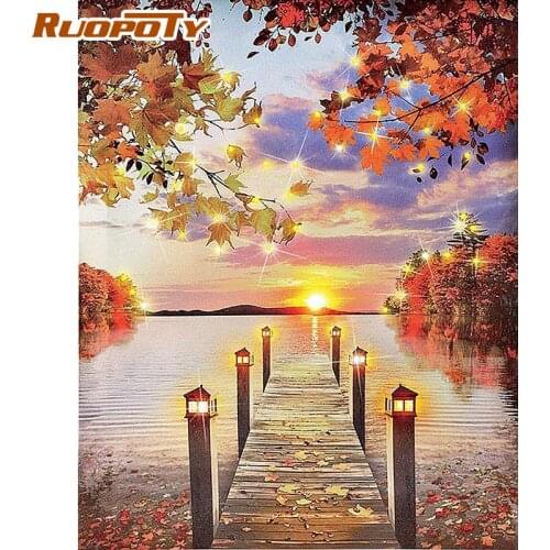 RUOPOTY 40x50cm Framed Painting By Numbers Kits Adults DIY Gift Maple Bridge On River Landscape Paints By Number Wall Art Pictur