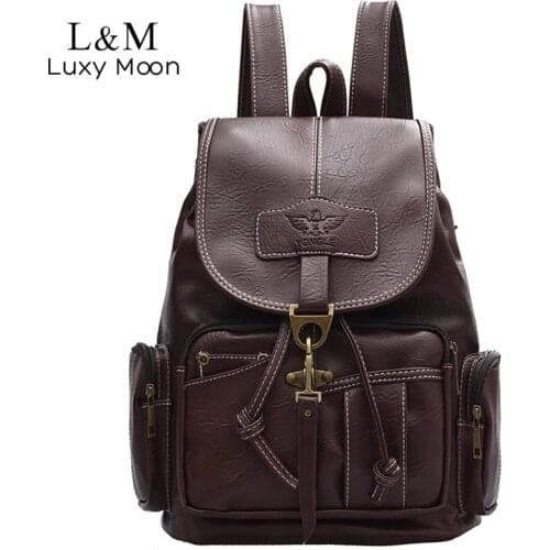 2020 Vintage Women Backpack For Teenage Girls School Bags Fashion Backpacks Retro Leather Black Drawstring Large BagPack XA150H