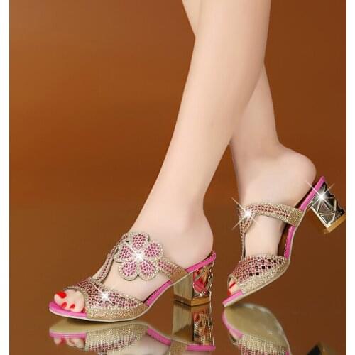 Women Fashion High Heels Slipper Sexy Peep Toe Hollow Out Crystals Party Shoes Woman Summer Slip on Beach Sandals