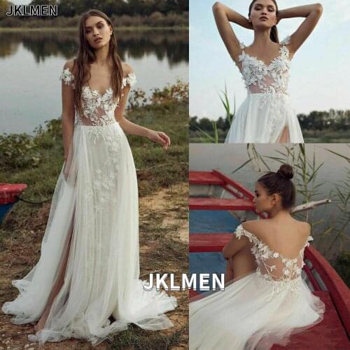 Boho Wedding Dresses Off The Shoulder 3D Floral Lace Appliques Bridal Dress Slit Garden Wedding Gown Vestido De Noiva