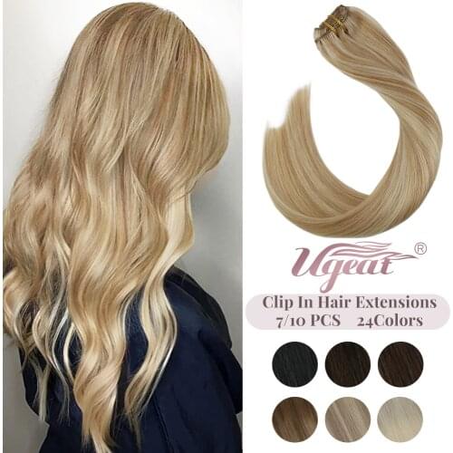 [23 Colors] Ugeat Clip in Hair Extensions 14-22" Human Hair Double Weft Remy Hair Full Head Clip in Extensions 100g/7Pcs Set