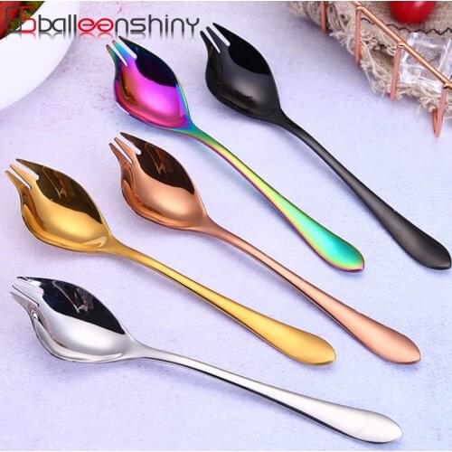 BalleenShiny Stainless Steel Colorful Spork Salad Forks Multi-function Soup Sauce Sugar Scoop Spaghetti Noodle Fruit Dinner Fork