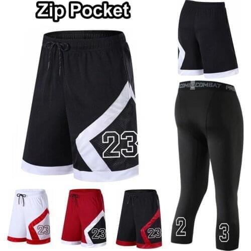 High Quality Men Basketball Shorts Quick Dry Zip Pocket Workout Compression Board Shorts Athlete Exercise Running Fitness Tights