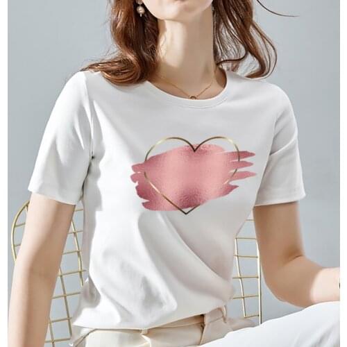 Womens T-shirt Round Neck Fashion Casual Ladies Tops Tee Love Heart Print Pattern Series Tshirts Female Short Sleeve Clothing
