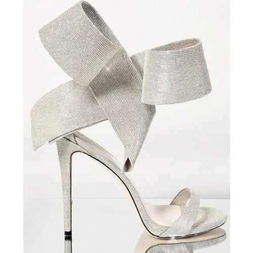 Moraima Snc Crystal Embellished High Heel Wedding Shoes Woman Open Toe Side Butterfly-knot Strap Thin Heels Sexy Sandal Silver