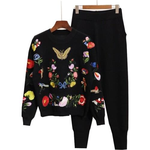 2020 Spring Autumn 2 Piece Set Women Embroidery Butterfly Flowers Long-sleeve Sweater + Casual Pants Two Piece Set Women H557