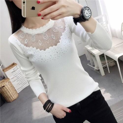 2020 Lace wave O-Neck Autumn pullovers Sexy Hollow out winter Bodycon sweater Ladies White elasticity Diamond Long Sleeve Jumper
