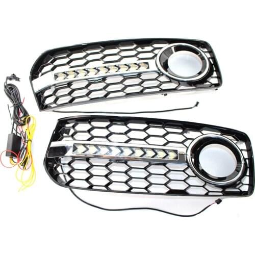 1 Pair Car Fog Light Lamp Cover Mesh Front Grille Grill with LED Lights Fit for Audi A5 S Line S5 B8 RS5 2008-12 Auto Parts