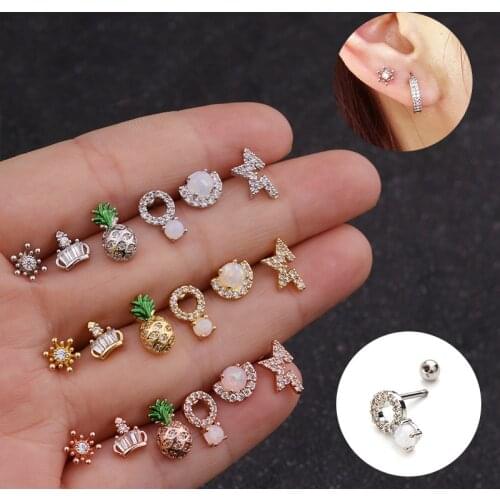 1pcs Fashion Tiny CZ Crown Pineapple Flower Opal Stud Cartilage Earrings for Women Helix Tragus Conch Rook Screw Back Earring