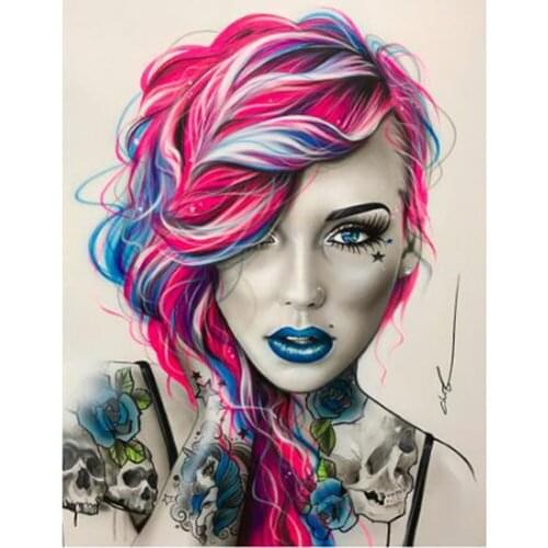Skull woman 5d diy diamond painting full square round diamond embroidery red tousle portrait for 2020 New arrivals gift