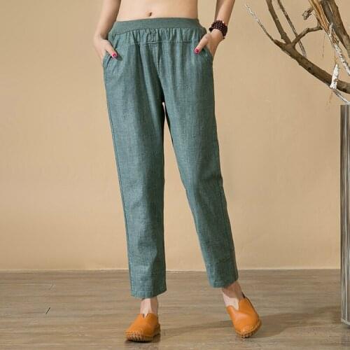 New Harem Pants Women Cotton Linen Trousers Spring Summer Casual Pockets Elastic Waist Straight Ankle-Length Pants Plus Size 5XL