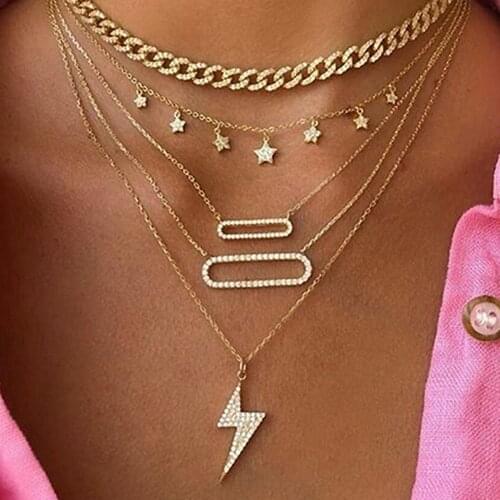 2020 New Lightning stars Metal Multi layer Necklace For Women Men rhinestone Gold Color Chain Choker Goth Simple Fashion Jewelry