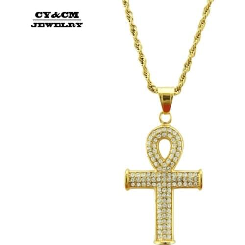 CY&CM Hip Hop Egyptian Bling Cross Full Rhinestone Ankh Pendants Men Key of Life Crucifix Necklace Women Gold Charm Jewelry Gift