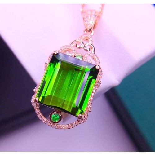 E618 Fine Jewelry Real 18K 100% Natural Green Tourmaline 9.2ct Diamonds Gemstone Diamond Womens Pendants Necklaces