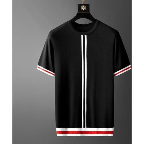 Summer Knitted T-shirts Men Ice Silk Striped Short Sleeve T-Shirt High Quality O-neck Tops Tees Business Social Male Clothing