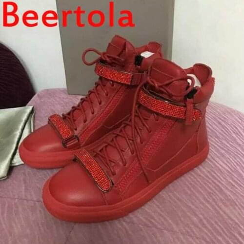 2021 Beertola Male Bling Crystal Loafers Red Color Men Casual Shoes Party Dress Flats Sole Zipper Lace-Up Outdoor Sneakers