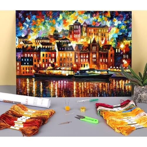Oil Style Stockholm Printed Water-Soluble Canvas 11CT Cross Stitch DIY Embroidery Full Kit DMC Threads Mulina