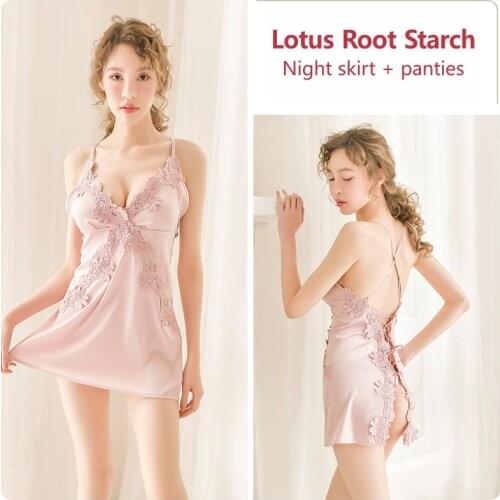 Nightdress Women Underwear Lingerie Sling Lace Embroidery V-Neck Sexy Nightdress Silk Nightgown Cross Strap Halter Dress