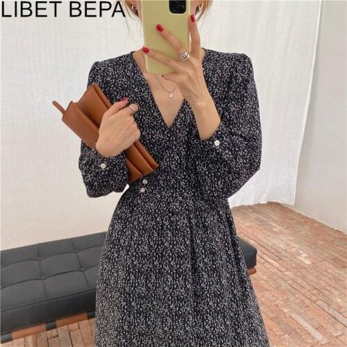 2021 New Women Autunm Dresses Fashionable Chiffon Elegant High Waist Vintage One Piece Floral Printed Lady Long Dresses DR9139