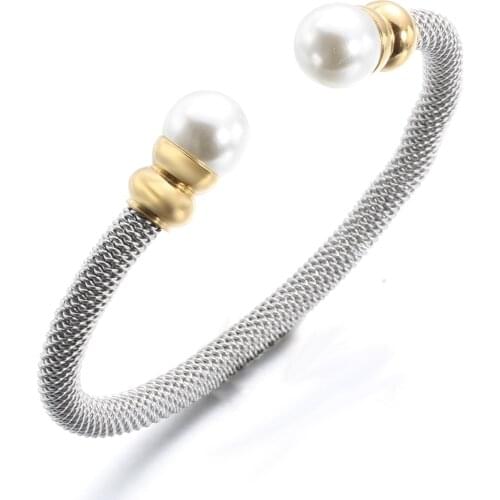 New Arrivals Stainless Steel Bracelets Bangles Smooth Steel Twisted Wire Bracelet Pearl Charm Bangle Accessories For Women