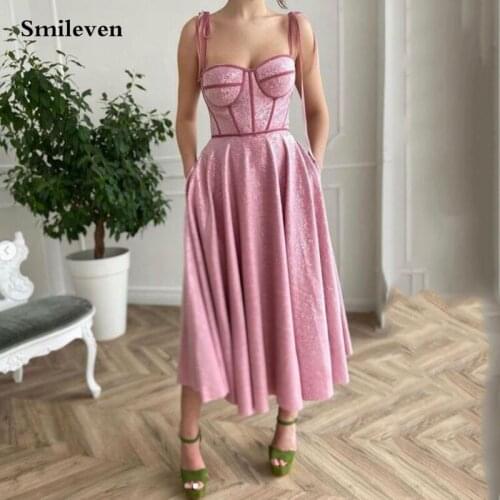 Smileven 2021 Pink Sequins A Line Evening Dress Spaghetti Straps Tied Bow Shoulder Tea Length Party Graduation Prom Dres