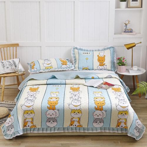 100% cotton Quilted cartoon cat Bedspread Bed Cover Bed Sheet size 200x230cm/230x250cm quilt blanket Pillowcases 3pcs