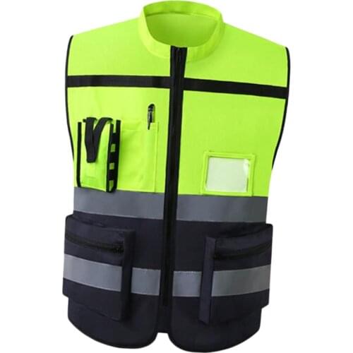 Reflective Safety Vest, Bright Neon Yellow Color with Reflective Strips - Zipper Front Style-F