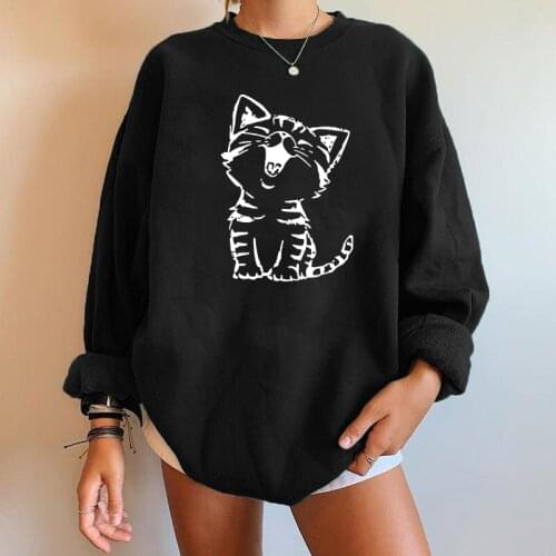 Kawaii Cat Print Women Sweatshirts Drop-shoulder Pullovers Female Sweatshirt Autumn Winter Cute Oversized Streetwear Moletom