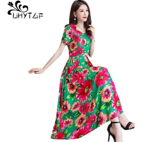 UHYTGF Fashion Womens Summer Dresses 2021 Printing Cotton Linen Comfortable Thin Dress Elegant Mother Loose Plus Size Dress 1669