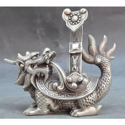 Decoration Tibet copper silver 5" china silver fengshui Auspicious wealth lucky ruyi Dragon turtle beast statue