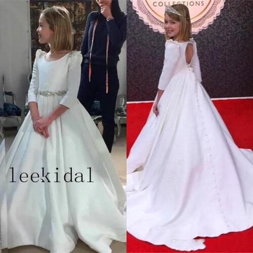 Long Sleeve Vintage Satin Flower Girls Dresses Royal Satin Girls Dresses Backless Girls Dresses For Wedding Custom