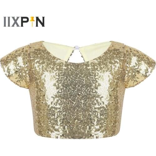 Girls Sequins Crop Top for Dance Ballet Costumes Cap Sleeves Sparkly Keyhole Back Stage Performance Birthday Party Daily Wear