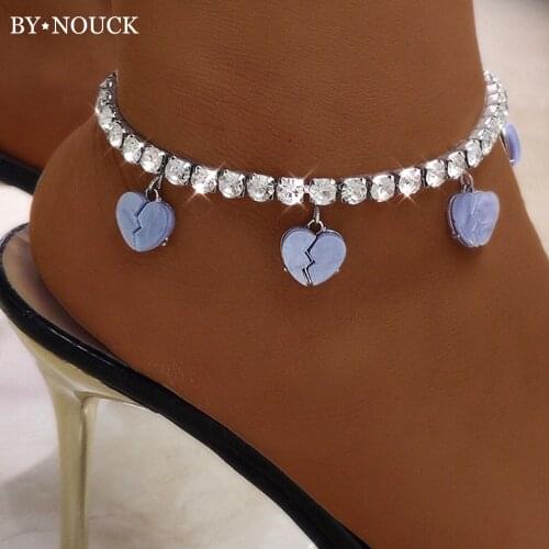 INS Bling Big Rhinestone Crystal Ankle Chain For Women Acrylic Broken Heart Charms Tennis Chain Anklets Bracelet On Leg Jewelry