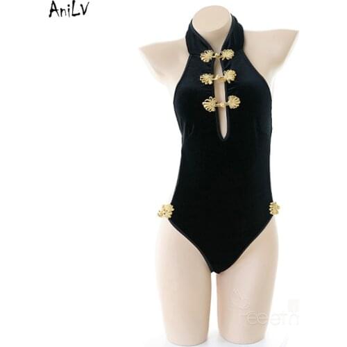 AniLV Chinese Girl Black Cheongsam One-Piece Bodysuit Swimsuit Costume Women Bodycon Swimwear Uniform Pajamas Pool Party Cosplay