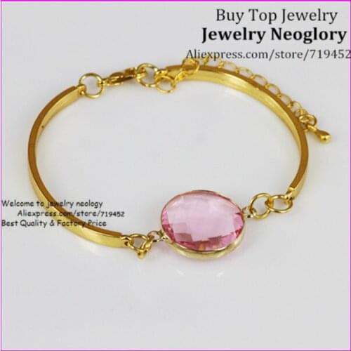 10PCS Luxury Round Pink Glass Quartz Bezel Beads Bracelet,Gold Bangle,Crystal Quartz Gems Stone Bracelet Birthday gift