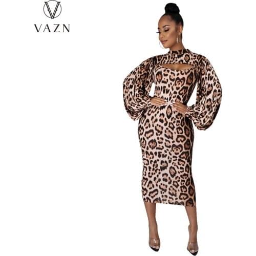 VAZN 2021 Early Autumn Leopard Sexy Hollow Out Long Dress Sexy Club Young Full Sleeve Soft Young Style Women For Evening Robe