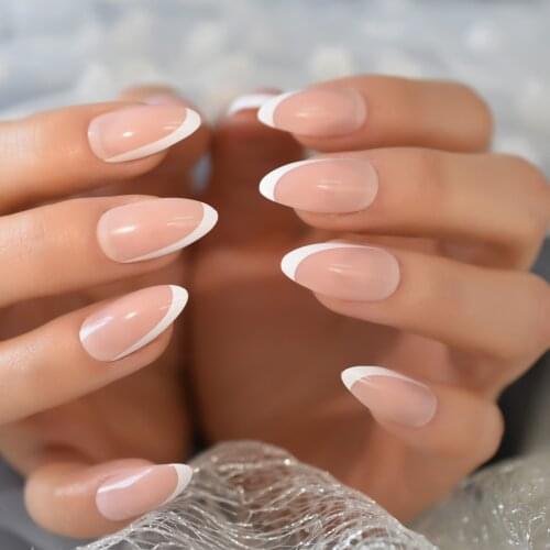 Medium Almond Daily French Nails Glossy Full 24pcs Press On Nails UV Gel Designed Reusable Faux Nails