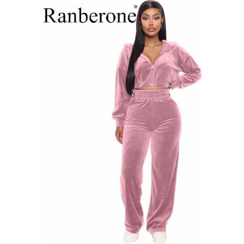 Ranberone Velvet Tracksuit Women 2 Two Piece Set Zipper Hoodie Sweatshirt Wide Leg Pant Sweat Suits Jogging Sport Suit Female