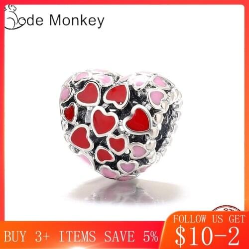 CodeMonkey Gradient Pink Love Heart Beads Fit Original 3mm Bracelet Hot 100% Real 925 Sterling Silver DIY Jewelry Making CMS1544