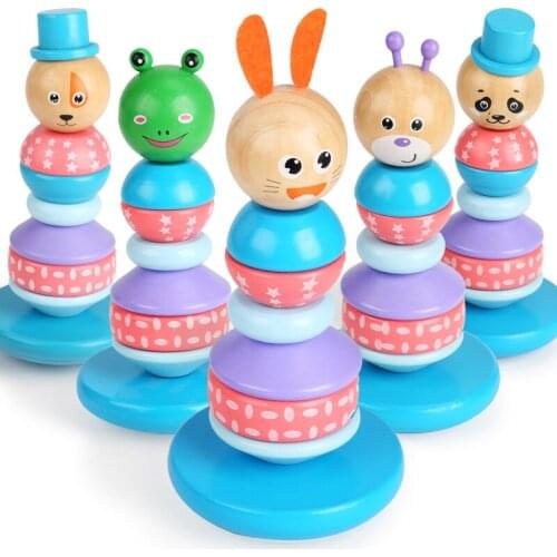 Wooden Montessori Educational Toys Animal Rainbow Set Tower Tumbler Hand-eye Coordination Creative Decoration Building Block Toy