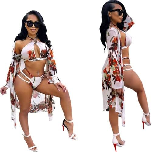 European And American Sexy Print Swimsuit 3 Piece Ladies Casual Beach Robe Briefs Bikini 3 Piece 2021 Summer New Swimsuit
