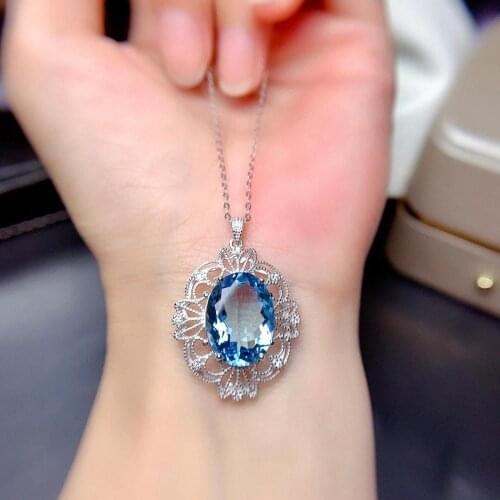Big Size Blue Topaz Gemstone Pendant for Necklace Natural gem Real 925 Silver Birthday Gift Birthstone Luck