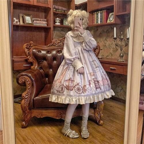 Little Fairy Tale Cute Womens Lolita OP Dress Long Sleeve Dress Puffy Sleeve Peter Pan Collar Lace Bows Trim Dress One Piece